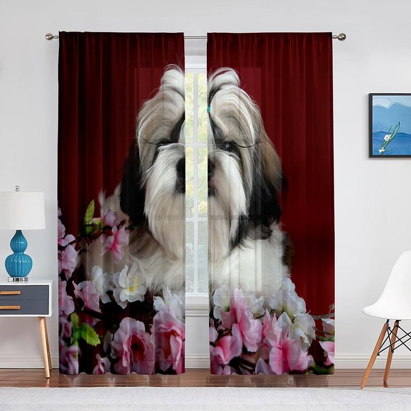 Uroczy Pies Shih Tzu Szczeniak Zwierzę Przezroczyste Woalowe ZasłOny Do Salonu Sypialni Kuchni Tiulowa ZasłOna Okienna Dekoracja Domu Balkonu Draperie 1 PCS W100Xh250Cm&Grommet Top-image