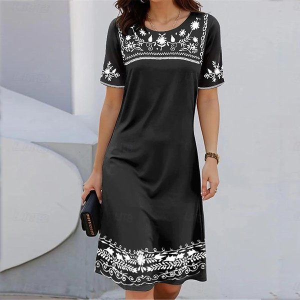 Modna Damska LuźNa Sukienka W Stylu Retro Z Nadrukiem, OkrąGłYm Dekoltem I KróTkim RęKawem, LuźNa, Uliczna, W KształCie Litery A XL-image