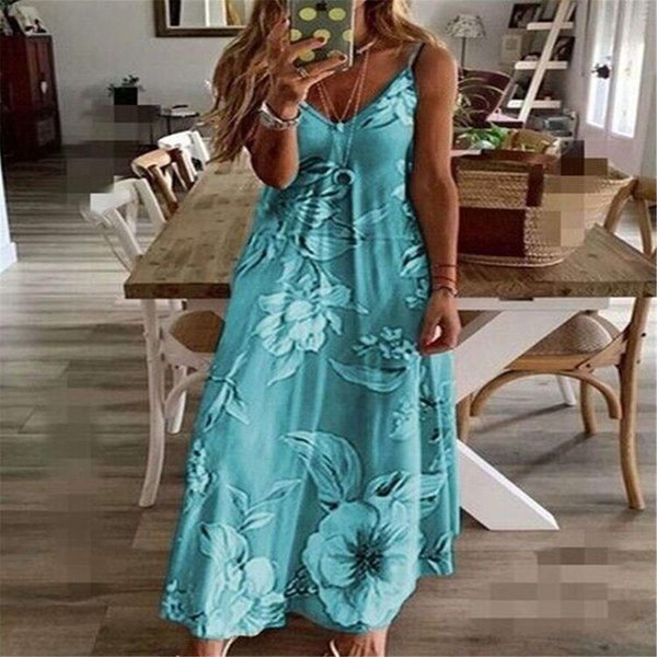 Vestido Lencero Largo Adelgazante Con Estampado Floral Para Primavera Y Verano Para Mujer M Azul Claro-image