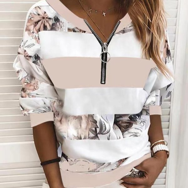 Sweter Z Dekoltem W Serek Z DłUgim RęKawem Damski Drukowany W Paski Wiosenno-Jesienny T-Shirt Codzienny LuźNy Top Ubrania Xl RóżOwy-image