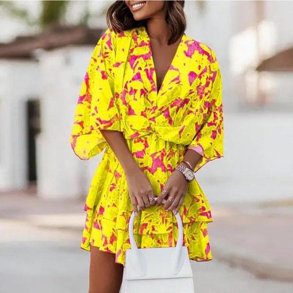 Vestido De Fiesta Corto Con Mangas Cortas Y Cuello En V Para Mujer DiseñO Boho Con Volantes Estampado Floral Vestido Corto Para Mujer Vestidos Elegantes Para Vacaciones Y Playa L Yellow-image