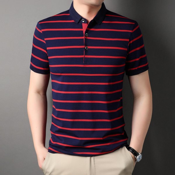 Camiseta Polo De Manga Corta A Rayas Para Hombre Cuello Camisero Camiseta De Verano Negocios Ocio Tendencia Cuello De Camisa Joven Top De Media Manga XXL Red-image