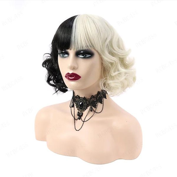 Hairjoy Peluca SintéTica Cosplay Cruella Rizos Sueltos Bob Con Flequillo Recto Negra Blanca Para Mujeres Disfraz De Halloween 12Inches Beige-image