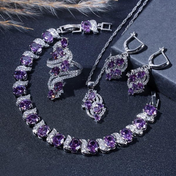 Elegante Conjunto De Joyas De Circonita Morada Para Mujer: Incluye Pulsera, Pendientes, Collar Y Anillo, Perfecto Para Uso Diario Y Para Regalar. 7 Gray-image