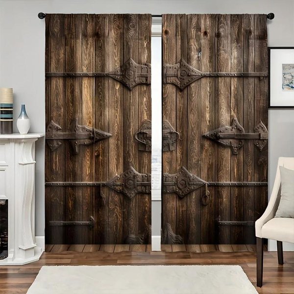 2 Piezas Cortina Con Estampado De Puerta De Madera RúStica - Tratamiento De Ventana Con Bolsillo Para Barra Para DecoracióN Del Hogar Para Dormitorio, Oficina, Cocina, Sala De Estar W50X160H(Cm)X2Pcs&Grommet Top-image