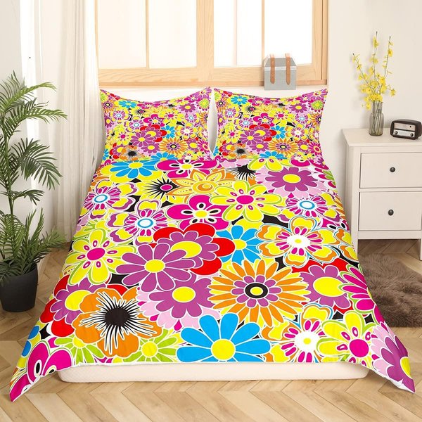 Juego De Ropa De Cama Retro Flores King Queen Funda NóRdica Floral Vintage De Dibujos Animados Funda De Colcha Abstracta Boho Funda De EdredóN Suave De PoliéSter EU Single(135X200Cm)-image