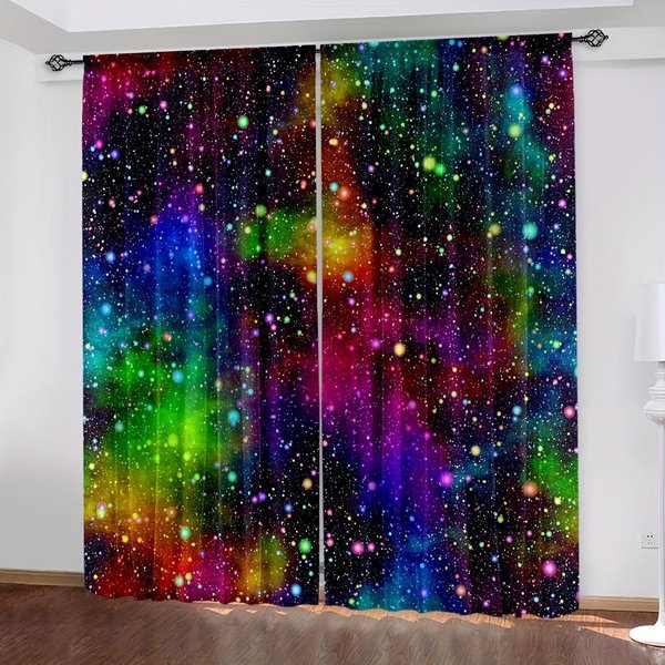 2 Piezas Cortinas Coloridas De Galaxia, Cortinas Estampadas Con Estrellas De Cielo Estrellado Del Universo Del Espacio Exterior, Para Sala De Estar Cocina Dormitorio DecoracióN Del Hogar W50H130(Cm)X2Pcs&Rod Pocket-image