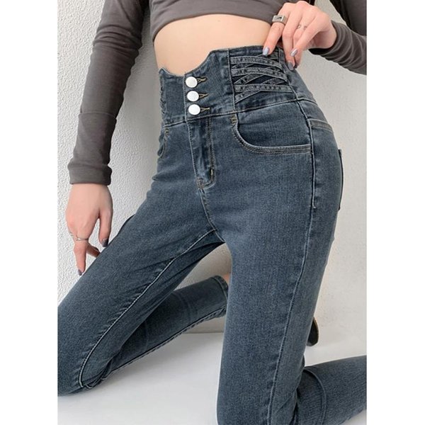 ObcisłE DżInsy OłóWkowe Z Czterema Guzikami Vintage Wysokiej Talii Damskie WąSkie Spodnie DżInsowe Ze Stretchem ObcisłE Spodnie Damskie Spodnie L-image