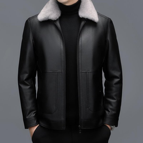 Invierno Chaqueta De Cuero Genuino Para Hombres De Mediana Edad Corta De Piel De Una Pieza Para Hombre Gruesa De Piel De Oveja Solapa 4XL-image