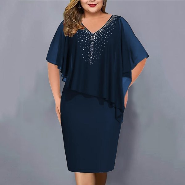 Damska Sukienka Plus Size Z KróTkim RęKawem, Dekoltem V, Szyfonowa, Z Cyrkoniami, Midi L-image