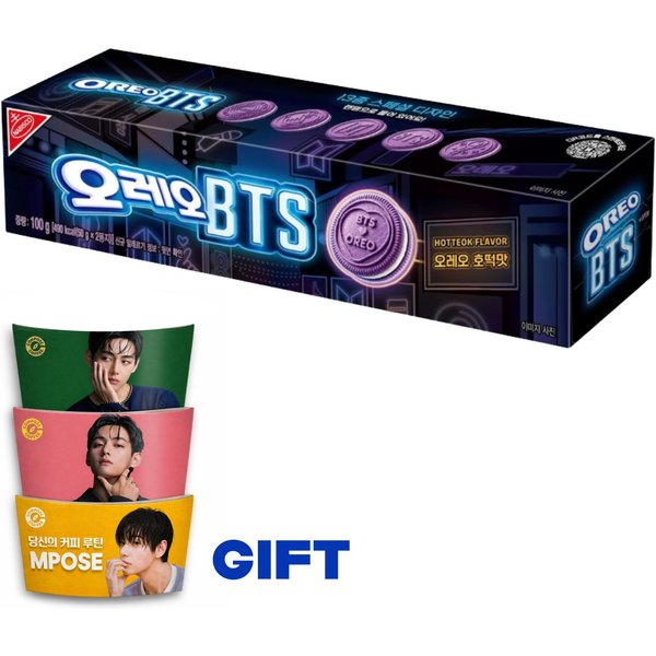Hotteok EdicióN Limitada BTS X Oreo (Panqueque Dulce Coreano) Galleta De Sabor + Vaso Para Café De BTS V Con Funda 3 Tipos Set De Regalo Gray-image