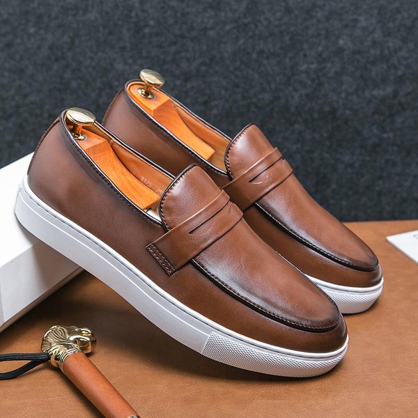 Luksusowe MęSkie Casualowe Wsuwane SkóRzane Buty MęSkie Klasyczne Brytyjskie Penny Loafers MęSkie Mokasyny Outdoorowe PłAskie Do Prowadzenia 42 Brown-image