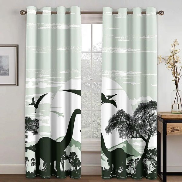 2 Sztuki KreskóWkowy Uroczy Dinozaur Poliestrowa Tkanina ZasłOna Do Salonu Sypialni Pokoju DziecięCego Przedszkola Darmowa WysyłKa (W50H130Cm)-2Pcs&Hook-image
