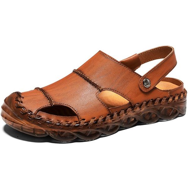 Sandalias De Cuero De Vaca De Punta Cerrada Para Hombre Sandalias De Cuero Hueco Moda Masculina Cuero Para Conducir Suela Blanda Antideslizantes Zapatos De Playa 46 MarróN-image
