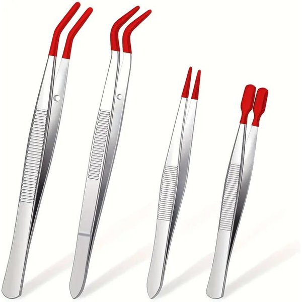 4 Piezas/Juego Pinzas De Acero Inoxidable Con Puntas De Goma Pinzas Recubiertas De PVC Sin Marcas Punta Plana Punta Curva Pinzas Rojo-image