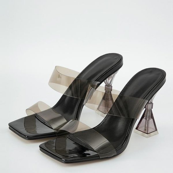 Liyke Letnie 9 .5 Cm Przezroczyste Obcasy Dla Kobiet Klapki Buty Moda Kwadratowy Nosek Pvc Przezroczyste Kapcie Damskie SandałY CzółEnka Rozmiar 42 35-image