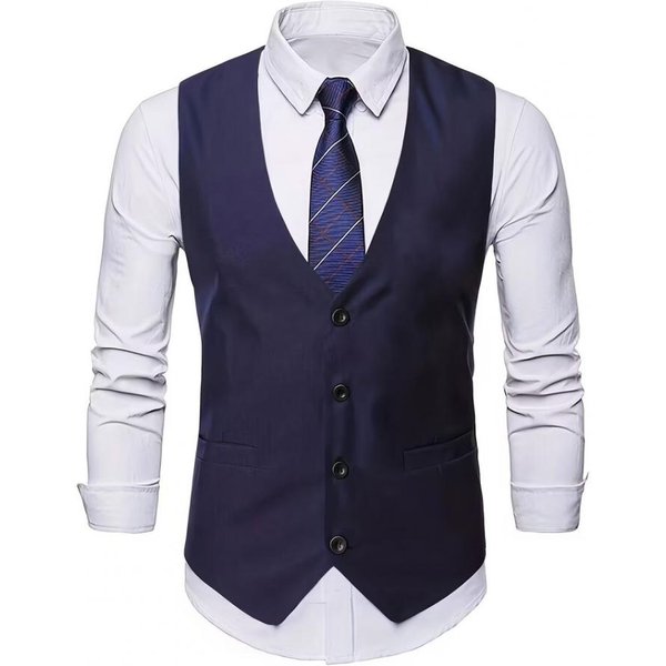 Chaleco De Traje Para Hombre, Cuello En V, Sin Mangas, De Un Solo Pecho, Con Bolsillos, Color SóLido, Corte Ajustado, Estilo Formal, Chaleco De Negocios S White-image