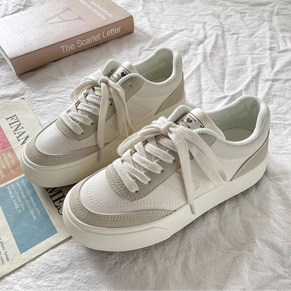 Zapatos Casuales De Lona Transpirables Con Plataforma Vulcanizada Para Mujer. Moda Simple Con Cordones. Zapatillas Deportivas Gruesas Planas Para Mujer Para Correr Y Hacer Jogging. 35-image