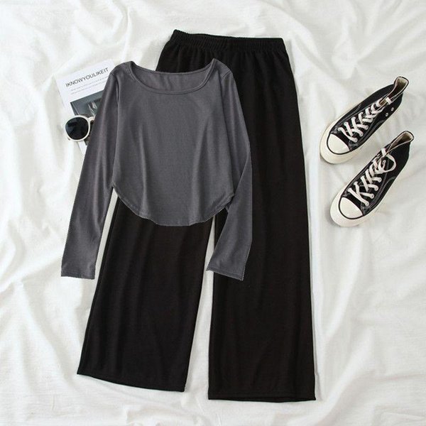 Traje De Mujer Camiseta De Manga Larga Top Corto Pantalones Pantalones De Pierna Ancha Moda Casual Deportivo Conjunto De Dos Piezas 2XL Gris-image