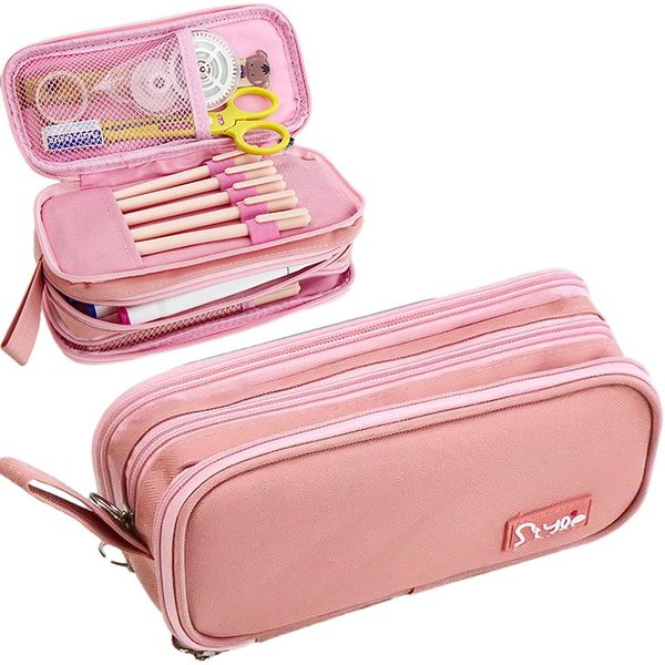 Lindo Estuche Para LáPices De Gran Capacidad, Duradero Y FáCil De Limpiar Con Cremallera De PapeleríA Color Rosa-image