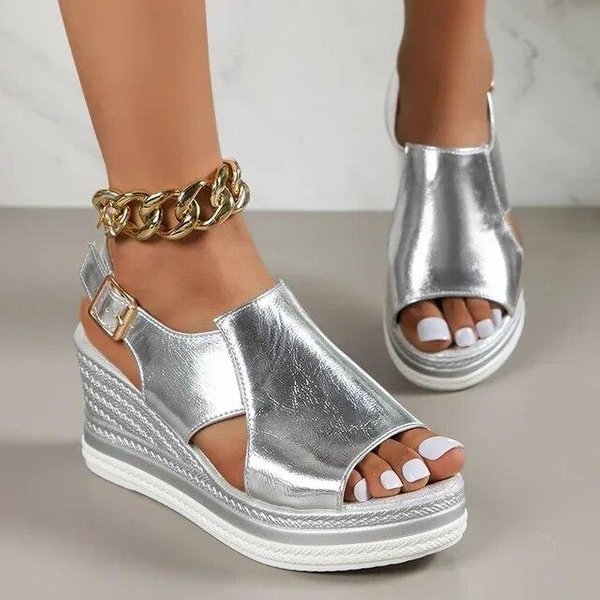 Sandalias Romanas De Suela Gruesa Para Mujer, Sandalias De CuñA Con Punta Abierta, Sandalias De Plataforma Con Hebilla Y Tira Trasera Para Verano 39 Plata-image