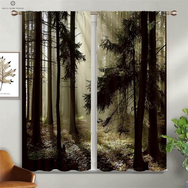 Mglisty Las-ZasłOny Drukowane 3D, Zielona RośLinność, Kieszeń Na Karnisz, Sypialnia, Kuchnia, Salon, Dekoracyjne, 2 Sztuki W50Xh130(Cm)X2Pcs&Grommet Top-image