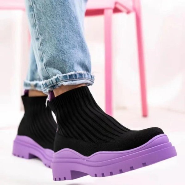 Zapatos Femeninos De Talla Grande Botines De Mujer Plataforma Botas EláSticas Mujer Punta Redonda Slip On TacóN Medio Zapatos De Punto Mujer 43 PúRpura-image