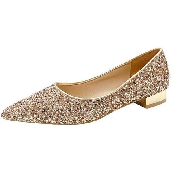Jesień Nowe Damskie CzółEnka Modne BłYszcząCe Cekiny Szpiczasty Nosek Buty Na Imprezę Wsuwane Proste Na Grubym Obcasie Damskie Buty Na Wysokim Obcasie 34 Beige-image
