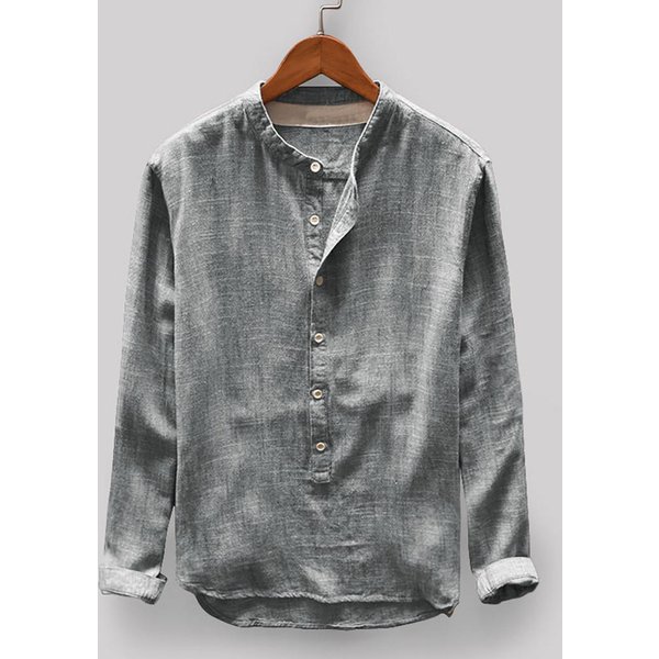 Camisa Retro Para Hombre Color SóLido AlgodóN Lino Cuello Mao Manga Larga Talla Grande L Gris-image