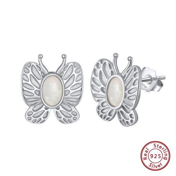 Pendientes De Plata De Ley S925 Piedra ÓPalo Natural Pendientes Con Incrustaciones De Mariposa Dorada 925 White-image
