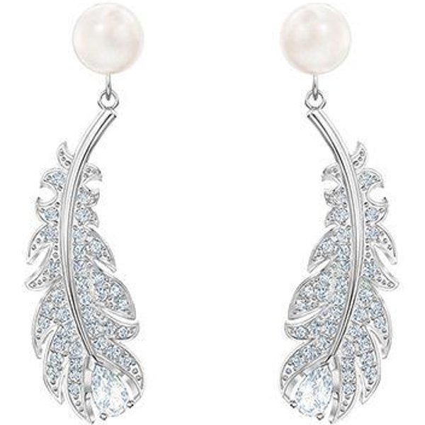 Pendientes Swarovski Nice Perforados Chapados En Rodio Perla Pluma Pendientes Para Mujer 5496052 Box (Random Color) White-image