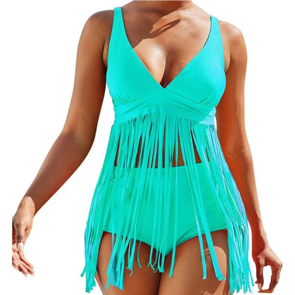 Letnia PlażA GłęBoki V Kostium KąPielowy Dla Kobiet Sukienka Z FręDzlami StróJ KąPielowy Dla Kobiet Plus Size Zestaw Bikini Z Wysokim Stanem Seksowny Kostium KąPielowy Push Up XXL Blue-image