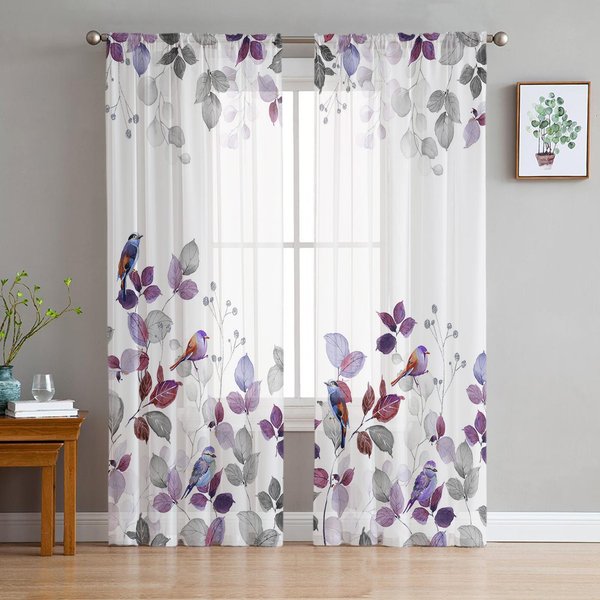 Cortina De Ventana Transparente Estilo Campestre Americano Hoja PáJaro MíMico Cortinas De Tul Para Sala De Estar Dormitorio Hotel DecoracióN Del Hogar Cortinas De Voile 135W X 114H(Cm) White-image