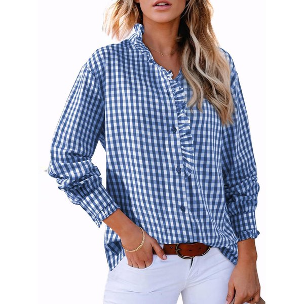 Camisa Casual De Moda Para Mujer A Cuadros Con Volantes Suelta Cuello En V M-image