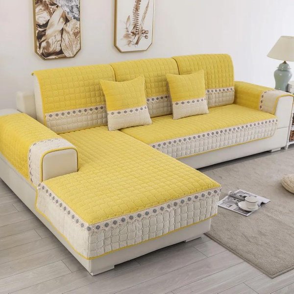 CojíN De Sofá De Felpa Grueso Y CáLido, CojíN Antideslizante De Invierno Europeo, Toalla De Sofá De Rejilla Moderna, Funda De Sofá De Encaje De Borde Ancho Blanco Para Sala De Estar 90X70Cm 1Pcs-image