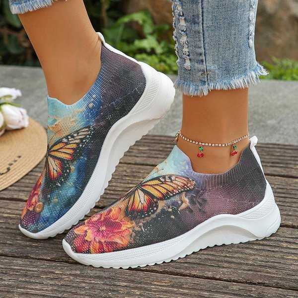 Zapatillas De Punto Transpirables Con Estampado De Mariposas Para Mujer Primavera Slip-On TacóN Plano Zapatos Casuales Mujer Mocasines Ligeros 35 Brown-image