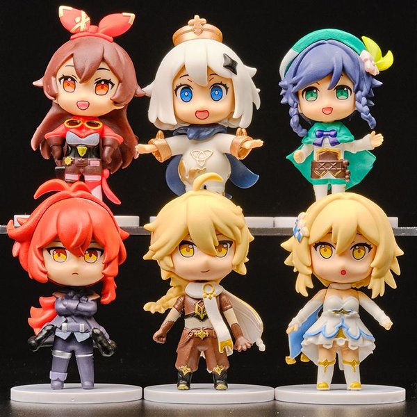 6 Uds./Juego Figuras De Anime Genshin Impact Juego Dibujos Animados Aether Lumine Amber Venti Diluc Paimon MuñEcos Juguete Personaje Kawaii Regalo Black-image