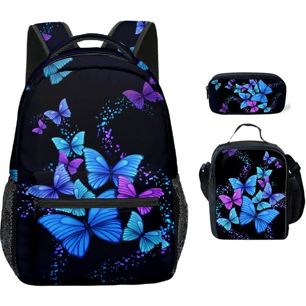 Klasyczny Nowy Fajny PięKny Motyl Druk 3D 3 Szt./Zestaw Uczeń Plecaki Szkolne Plecak Na Laptop Torba Na Ramię Torba Na Lunch PióRnik-image