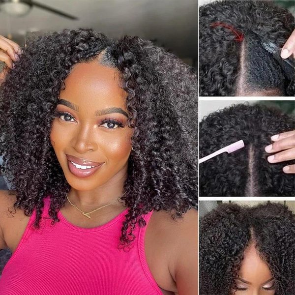 Pelucas De Cabello Humano Rizado Birmano De Densidad 300% Para Mujeres BrasileñO Sin Pegamento Rizado Kinky Peluca Mitad 3 EN 1 Pelucas 100% Cabello Humano En Oferta 22Inches&200 Density Brown-image