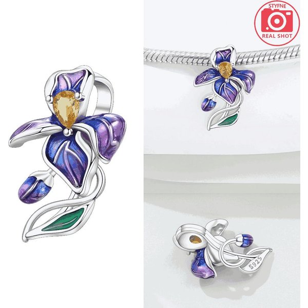 Cobre AutéNtico Planta Iris Azul-PúRpura Guirnalda De Flores Frescas Abalorio Encanto Se Adapta A Pulseras JoyeríA Para Mujeres Regalos DIY White-image