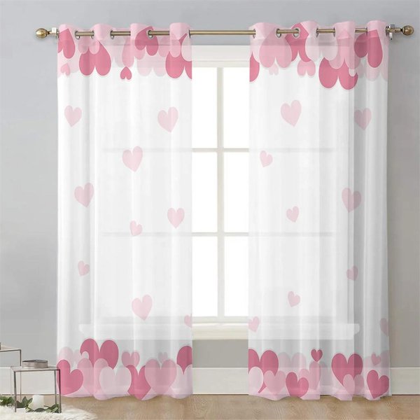 Cortinas De Tul Rojas Con Corazones Y Flores Para San ValentíN, Visillos Transparentes Para Sala De Estar, Dormitorio, DecoracióN Del Hogar (2 Piezas) W50X160H(Cm)X2Pcs&Grommet Top-image