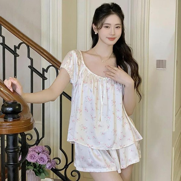 Conjunto De Pijama FrancéS Simple Para Mujer Verano Nuevo Dulce Y Adorable Manga Corta Shorts Ropa Para El Hogar Traje De Seda De Hielo XL Blanco-image