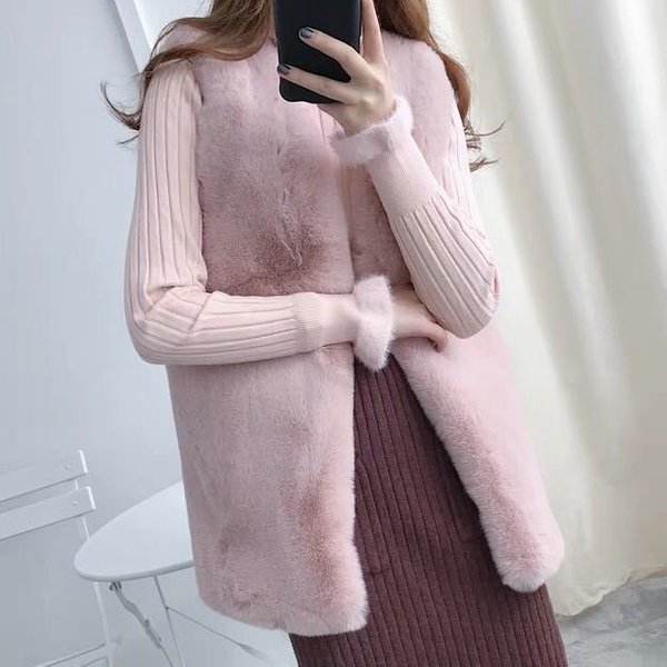Zimowa Modna CiepłA DużA Kamizelka Ze Sztucznego Futra Z Norek Damska śRedniej DłUgośCi Kamizelka Z Futra KróLika Kamizelka Na Wszystkie Mecze Kurtka Slim Fit S Gray-image