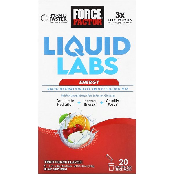 Force Factor, Liquid Labs Energy, Bebida De Electrolitos De HidratacióN RáPida, Sabor A Ponche De Frutas, 20 Sobres, 0,28 Oz (8G) Cada-image