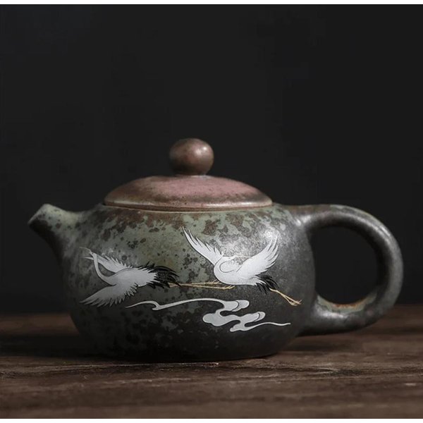 RęCznie Robiony Ceramiczny Czajnik/FiliżAnka Do Herbaty W KształCie żUrawia – RęCznie Malowany Zestaw Do Herbaty Z Grubej Ceramiki W Stylu Retro, PrzenośNy Czajnik PodróżNy Teapot-image