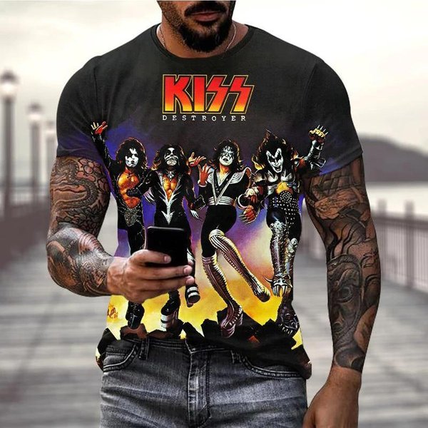 Camisetas De Rock Band Kiss Estampado 3D Hombre Mujer Moda Fresca Camiseta Manga Corta Hip Hop Streetwear Harajuku 3XL Black-image