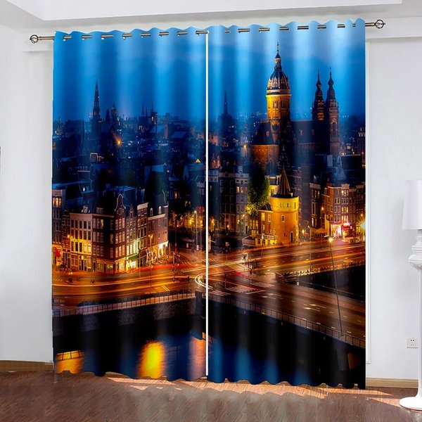 ZasłOny Z Widokiem Nocnym Na Architekturę Miasta Niebieskie W Stylu Gotyckim 2 Panele Salon Sypialnia Kuchnia Balkon Okna ZasłOny Dekoracyjne 50W130H(Cm)X2Pcs&Grommet Top-image