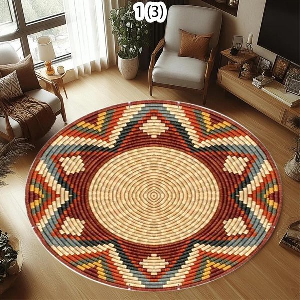 Etniczny OkrąGłY Dywan Z Geometrycznym Wzorem ImitująCym Splot Boho WystróJ Domu Dywanik Do Salonu/Sypialni MięKki AntypośLizgowy Dywanik PodłOgowy 80X80Cm-image