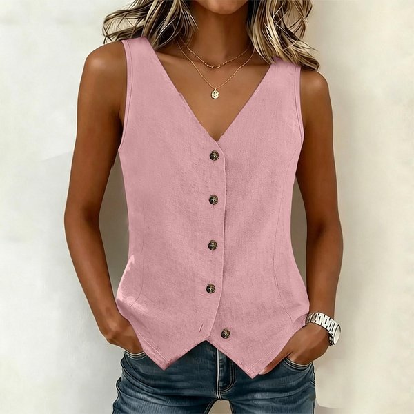Chaleco De Moda Para Mujer Sin Mangas Botones Ajustado Casual Ligero Blusa Para Uso Diario Oficina Y Viajes XXL Color Rosa-image