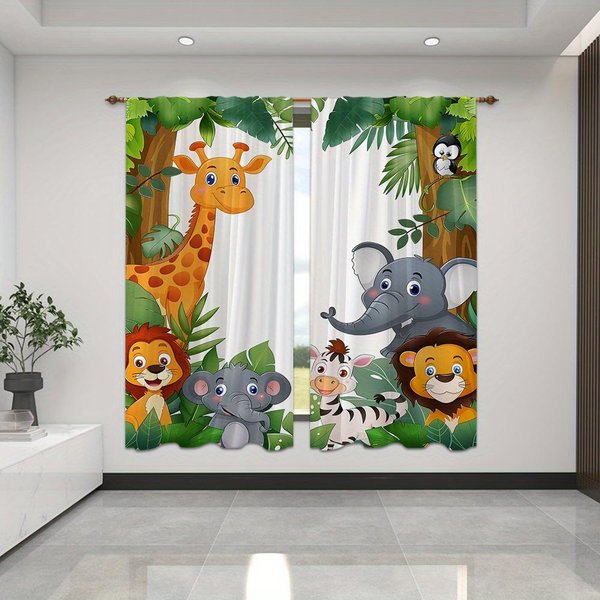 2 Piezas Cortina De Animales De Dibujos Animados Zorro LeóN Jirafa Estampado De Jungla Para Dormitorio Oficina Cocina Persianas Sala De Estar Ventana De Piso DecoracióN Del Hogar 170W200H(Cm)67X79In&Grommet Top-image